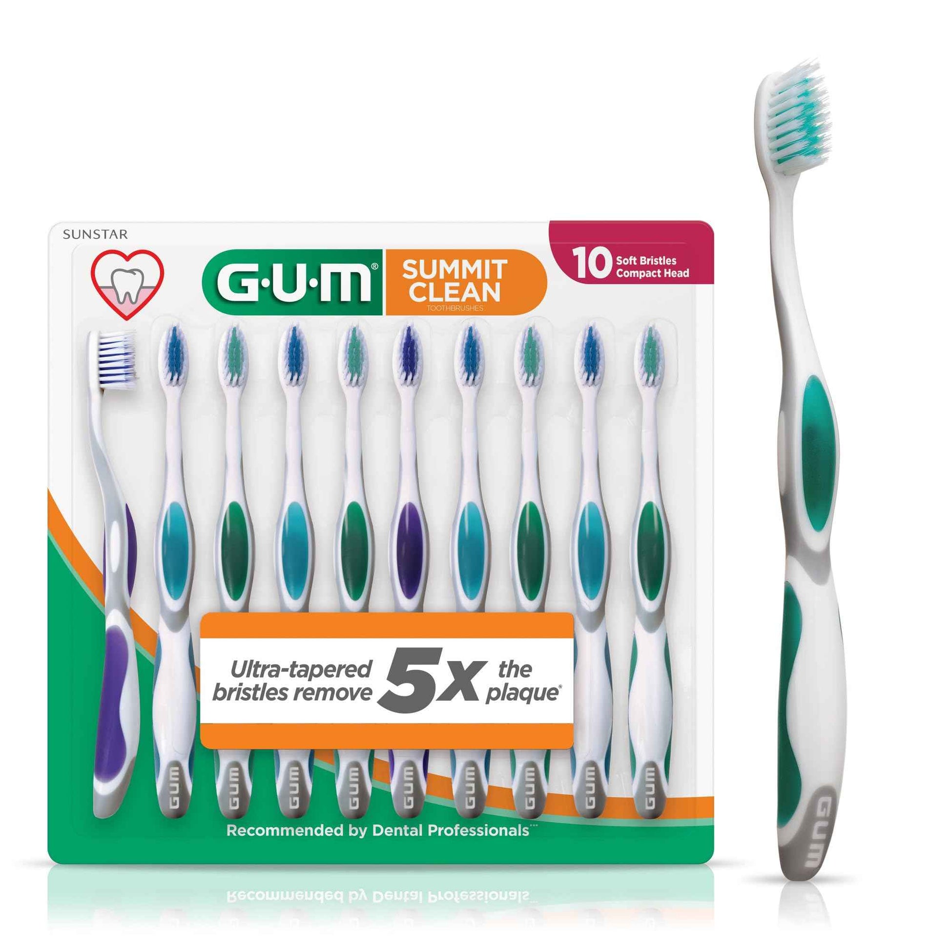 GUM Summit+ Soft Toothbrush, Ultra Fine Tapered Bristles for More Effective Plaque Removal, Extra Soft Toothbrushes for Adults, 10 Count