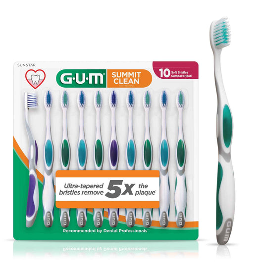 GUM Summit+ Soft Toothbrush, Ultra Fine Tapered Bristles for More Effective Plaque Removal, Extra Soft Toothbrushes for Adults, 10 Count