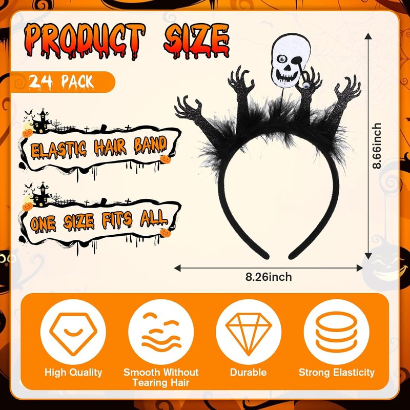 Halloween Headbands for Women - Witch Hat, Spiderweb, Bat & Ghost Props | 24 Pcs Classic Costume Accessories