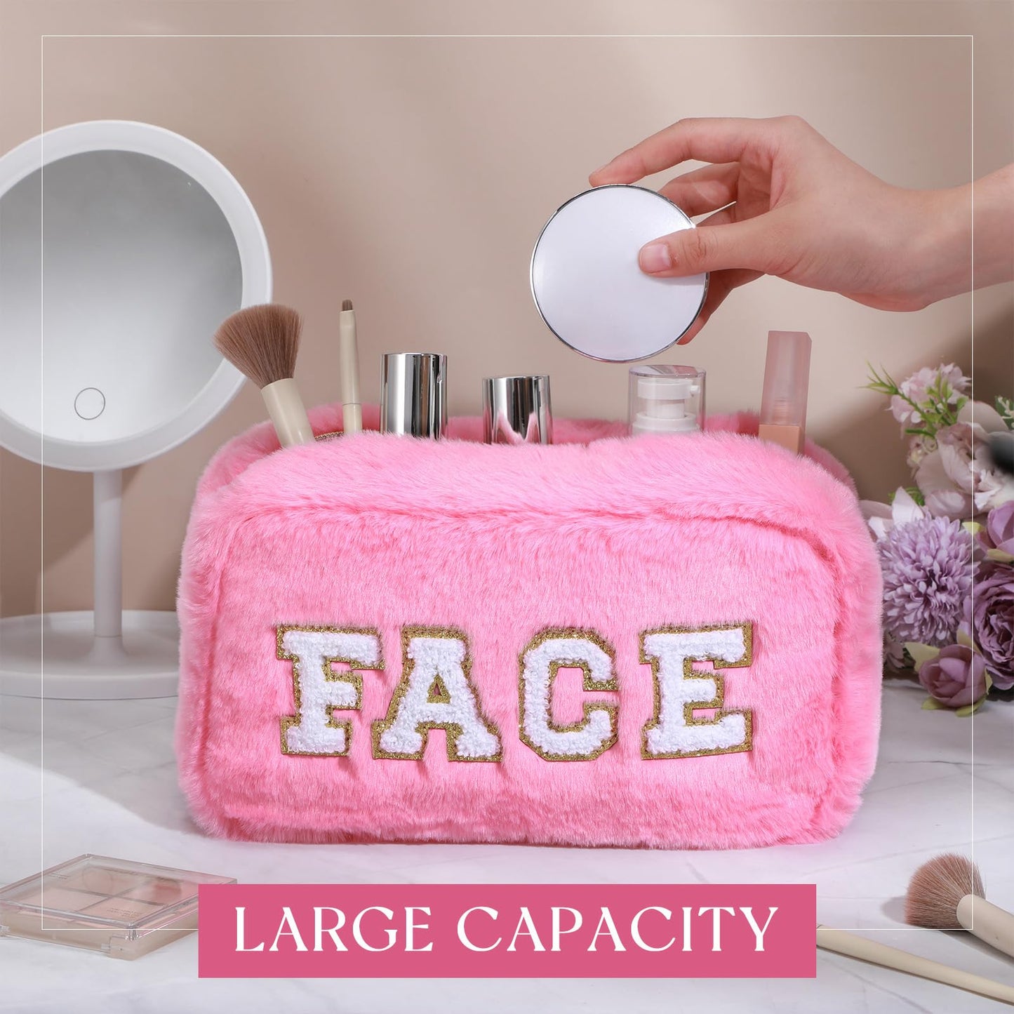 Paterr 4 Pieces Preppy Makeup Bag Chenille Letter Faux Fur Fluffy Bag Preppy Stuff Face Skin Hair Stuff Cute Toiletry Cosmetic Travel Bags Pouch with Zipper for Girls Women(Pink)