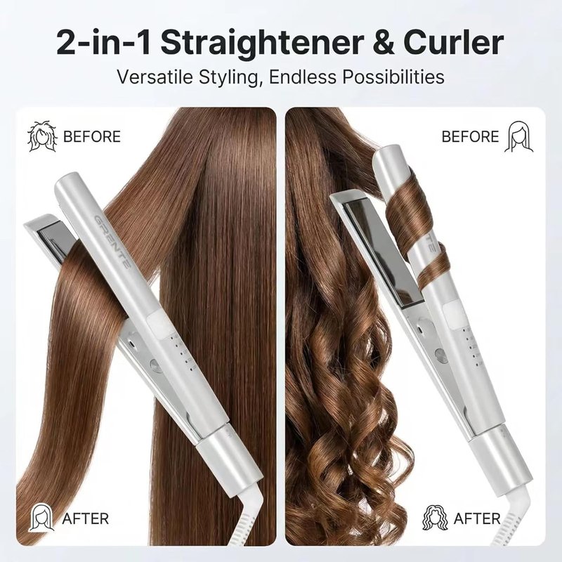 Titanium Flat Iron Hair Straightener | 2-in-1 Curler with Quick Heating, 1 Inch, 5 Temp Settings, Dual Voltage - White