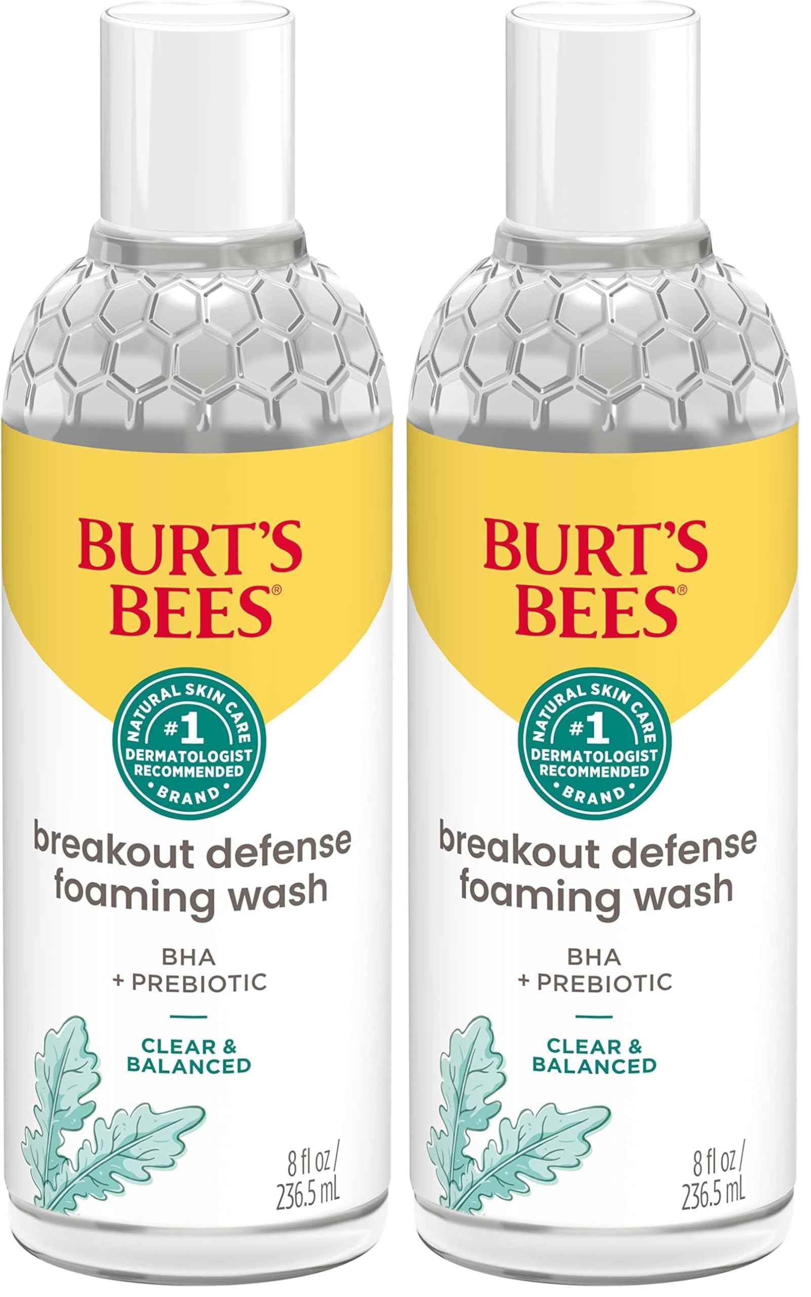 Burt's Bees Foaming Face Wash, BHA Breakout Defense Cleanser for All Skin Types, Washes Away Impurities & Excess Facial Oil, With a Prebiotic, 8 Oz. (Pack of 2)