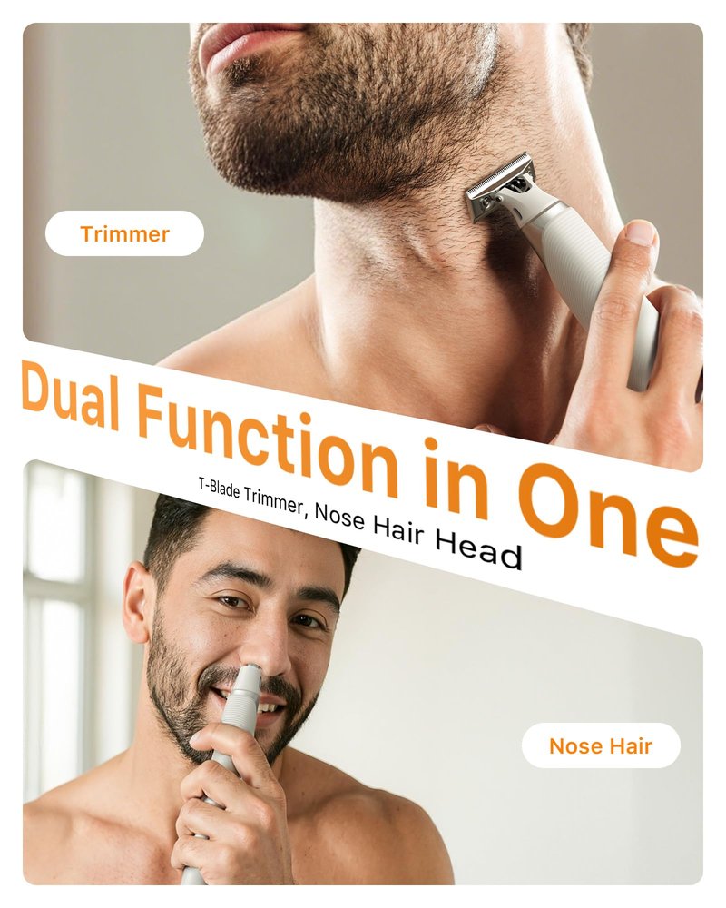 Trimcoo 2 in 1 Electric Body & Nose Hair Trimmer - Painless Beard Razor for Men, All-in-One Groomer with Magnetic Nose Hair Head, Waterproof Wet/Dry Groin/Ball Shaver,USB-C Fast Charging,White(Solo)