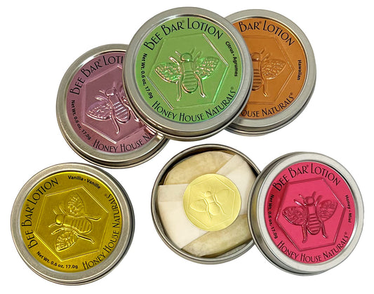 Honey House Naturals Bee Bar Gift Set – Small Bee Bar .6 ounces – All-Natural Ultra Moisturizing Lotion Bar Infused with Essential Oils and Butters – 5 Piece Set