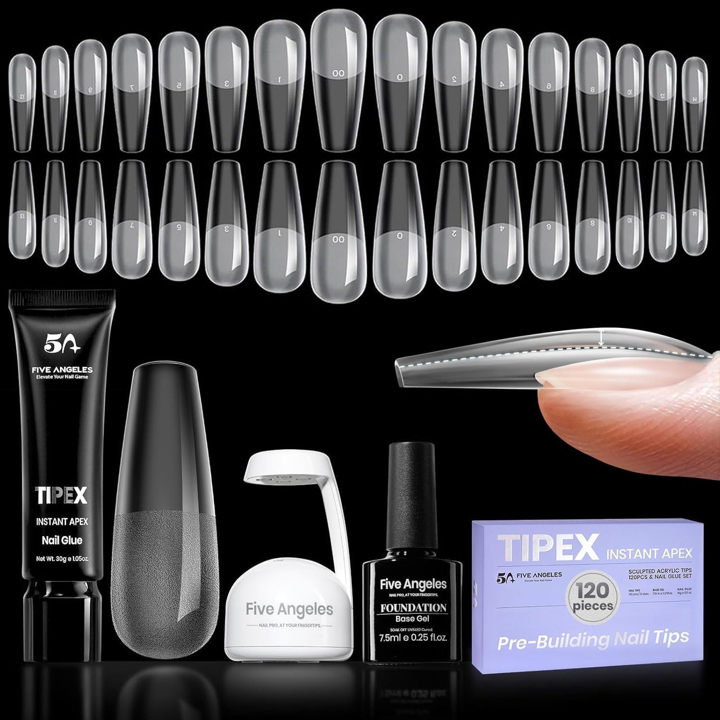 Five Angeles Tipex Instant Apex Nail Tips – Pre-Etched Acrylic Hard Gel Tips Kit for Flat Nails, Long Coffin Deep C Curve, Full Cover Press-On Nails for Beginners, UV Glue & LED Lamp Set