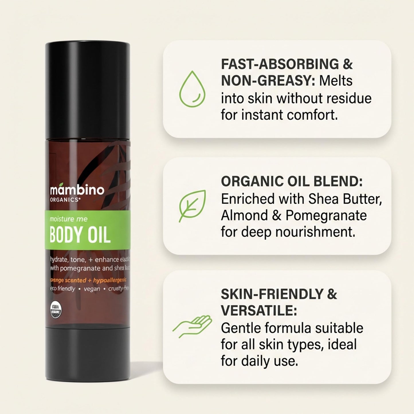 Mambino Organics Moisture Me Body Oil, Skincare Essential, Shea Butter Infused, Fast-Absorbing, Non-Greasy, Soothing Aroma, 4 fl oz, 2-Pack