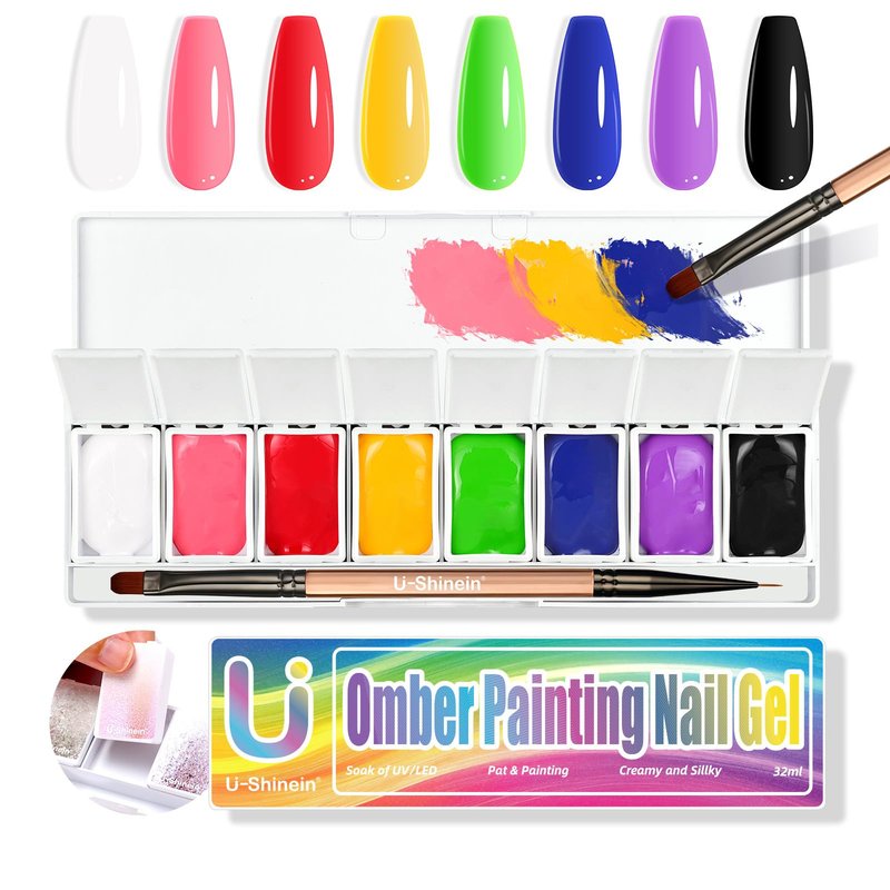 U-Shinein Omber Painting Nail Gel Kit, 8 Multi-functional Bright Colorful Gradient Gel Nail Polish for Pigment Pat Set, Painting White&Black Gel French Manicure No-wipe Soak of UV DIY Nail Art