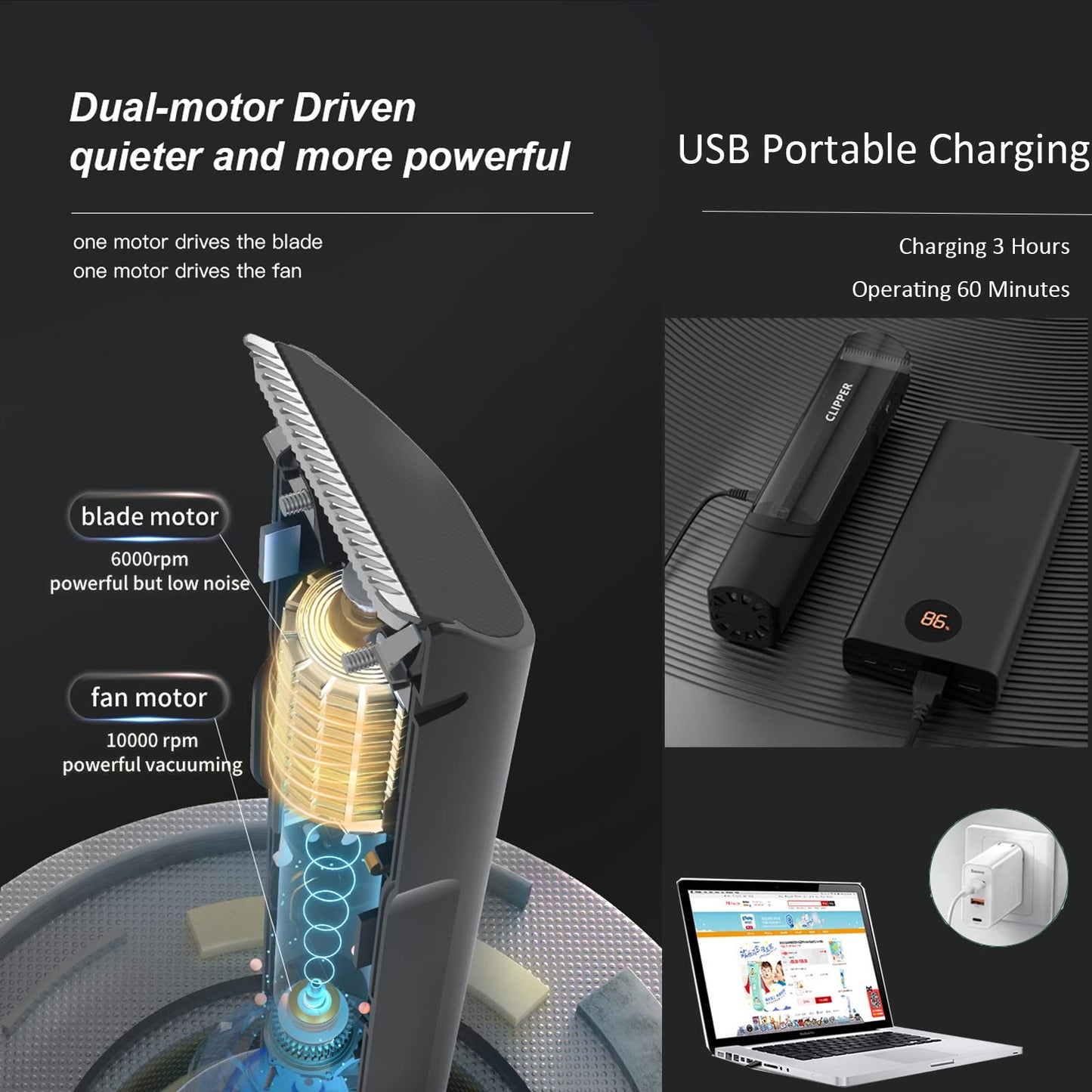Favrison Hair Clippers for Men, Automatic Vacuum Professional Cordless Hair Clippers, Waterproof & USB Rechargeable Hair Cutting Kit Hair Trimmer with Magnetic Storage Bin