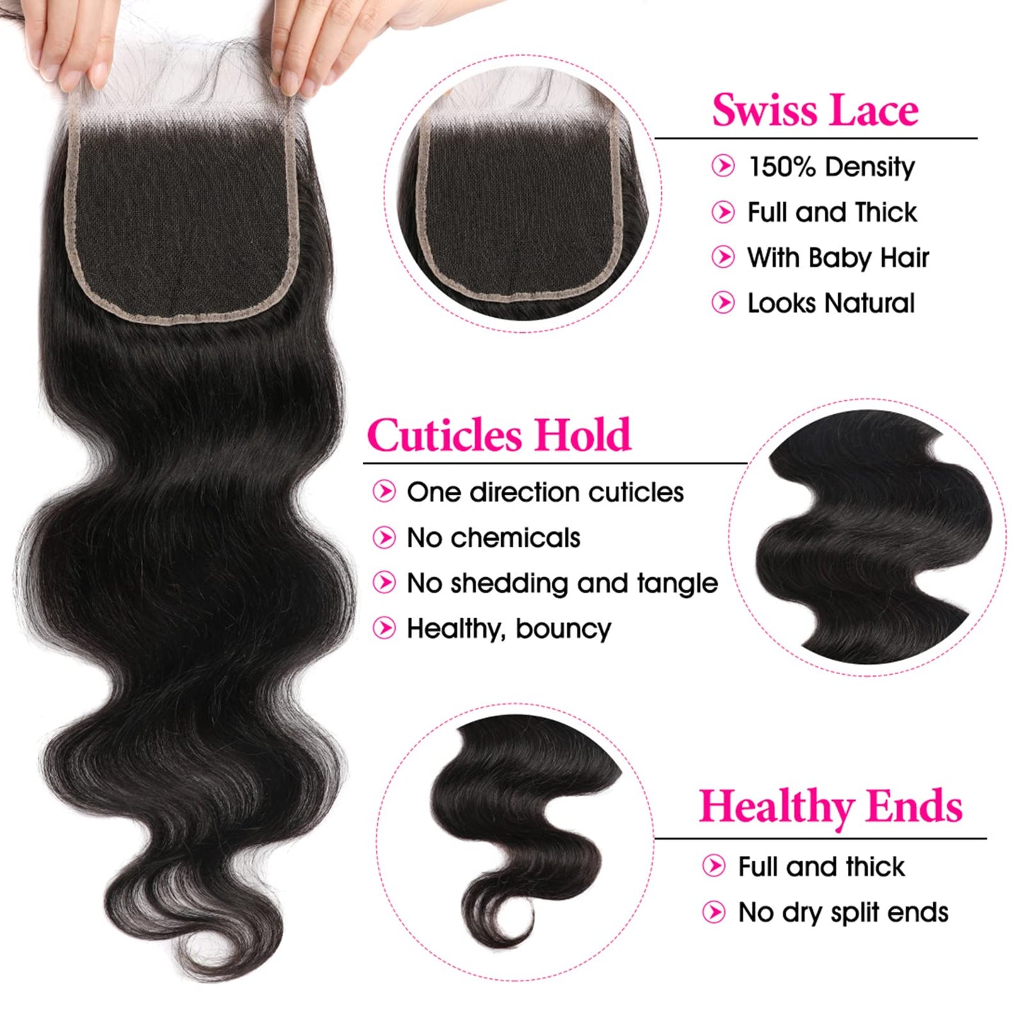 Lemoda 5x5 Closure Body Wave HD Transparent Lace Closure 12A Brazilian Virgin Human Hair Closure Pre Plucked with Baby Hair Natural Black 18 Inch