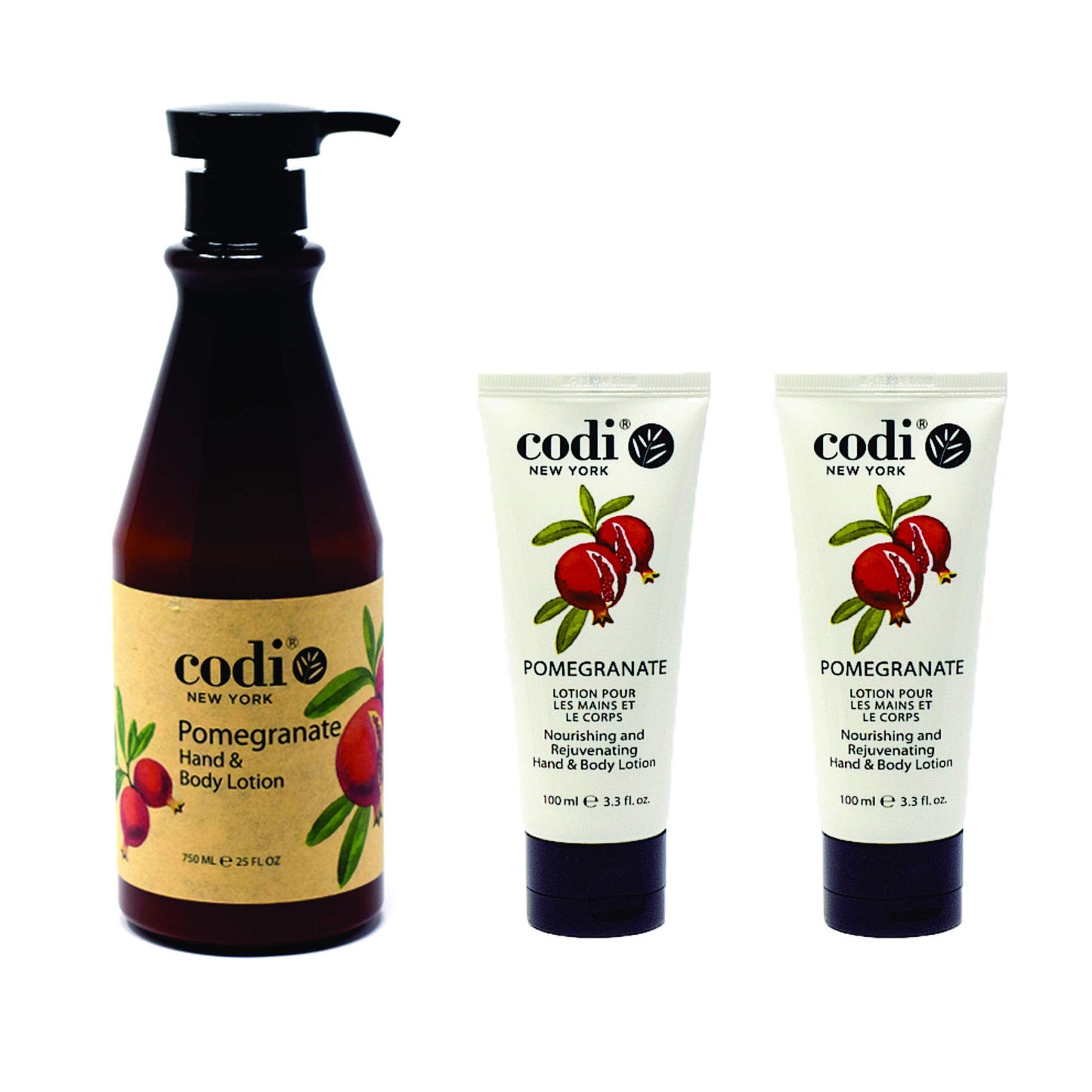 CODi Pomegranate Lotion - Body and Hand Lotion with Pump for Women and Men - Pomegranate Body Lotion with Wonderful Pomegranate Scent - Less Greasy, Quick Absorbent - 1 750ml Bottle and 2 100ml Tubes