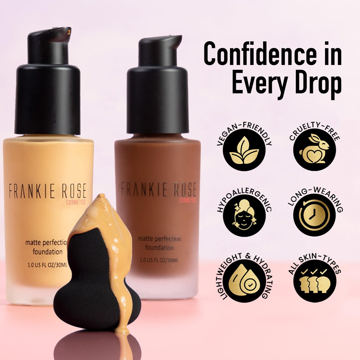 Frankie Rose Cosmetics Matte Perfection Foundation Makeup – Long-Lasting, Hydrating Foundation for Semi-Matte Finish - Full Coverage for All Skin Types - (Neutral) 1.0 US fl oz / 30 ml