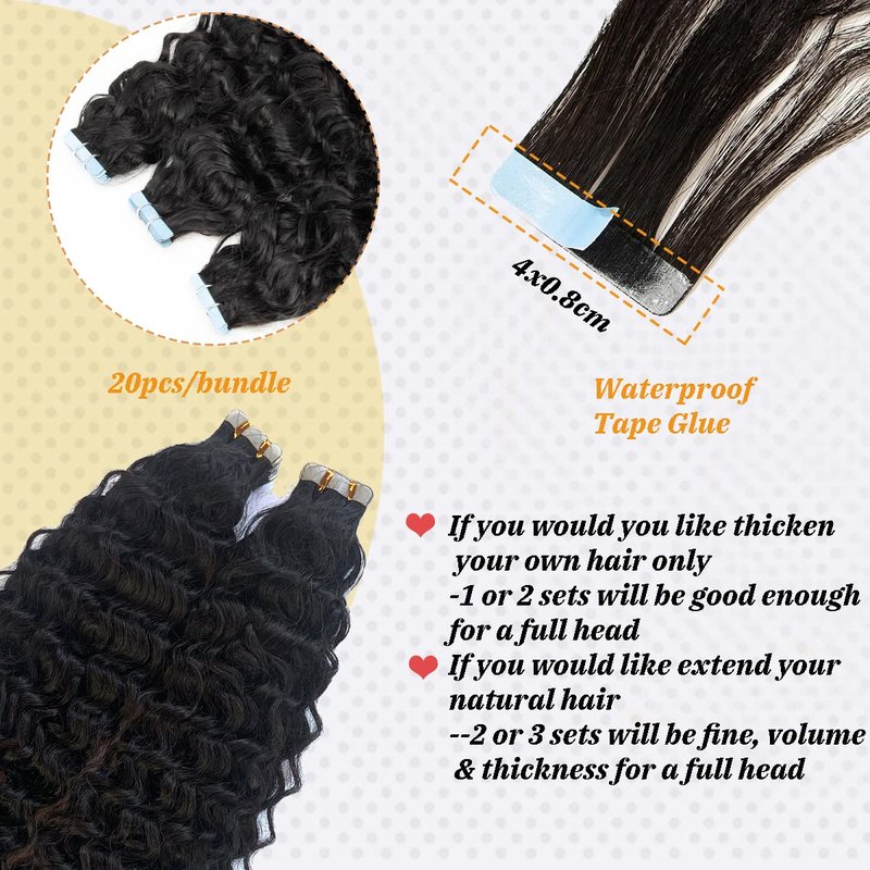 Loose Curly Tape in Human Hair Extensions 18Inch #1B Natural Black Tape in 100% Real Human HairExtensions Water Wave Double Sided Human Hair Tape ins Extensions for Black Women 20PCS 50G