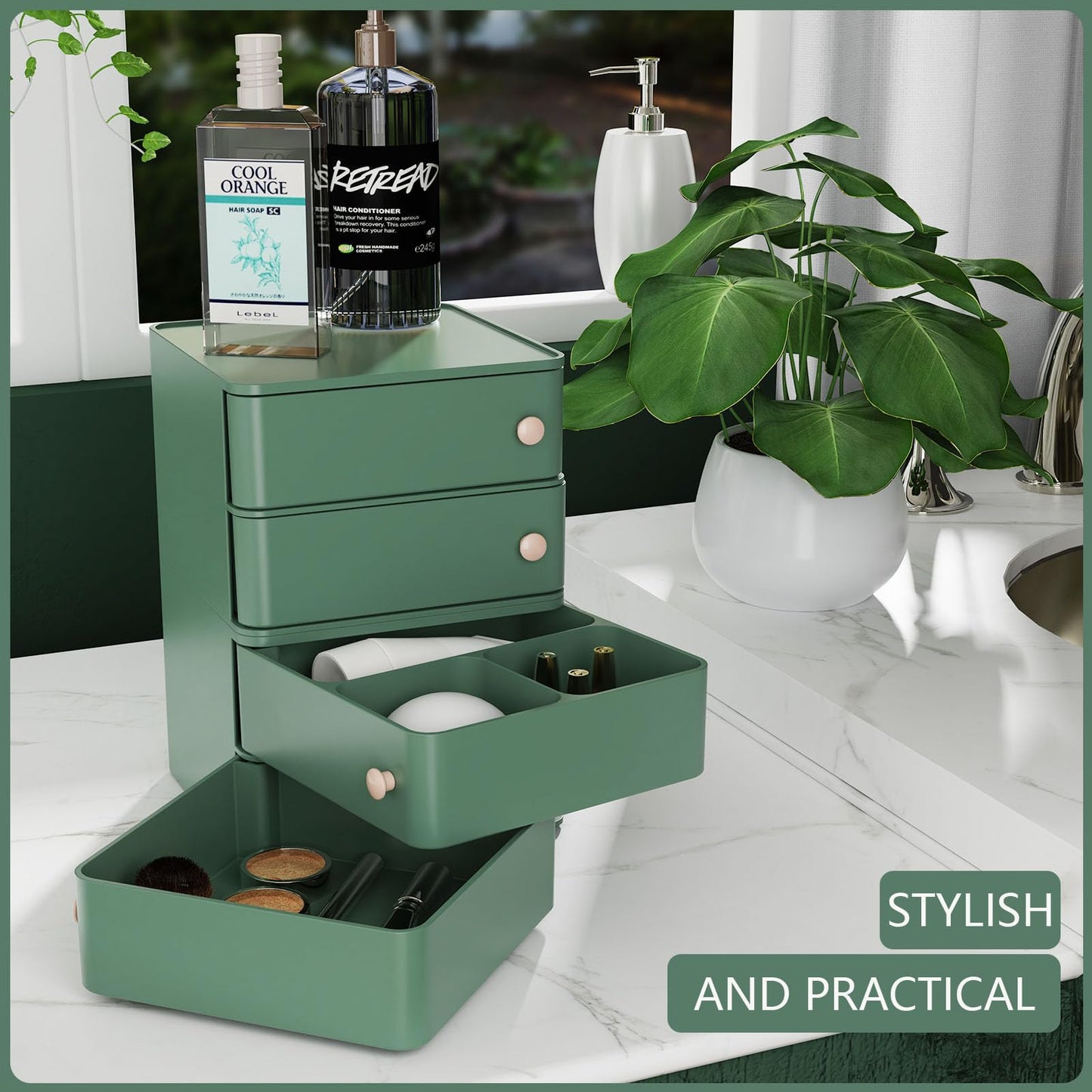 Makeup Organizer with Rotating Drawers: Stackable Makeup Bathroom Vanity Storage Box, Desk and Dresser Countertop Organizers and Storage Boxes for Cosmetics, Skincare, Jewelry, Bracelets, Green