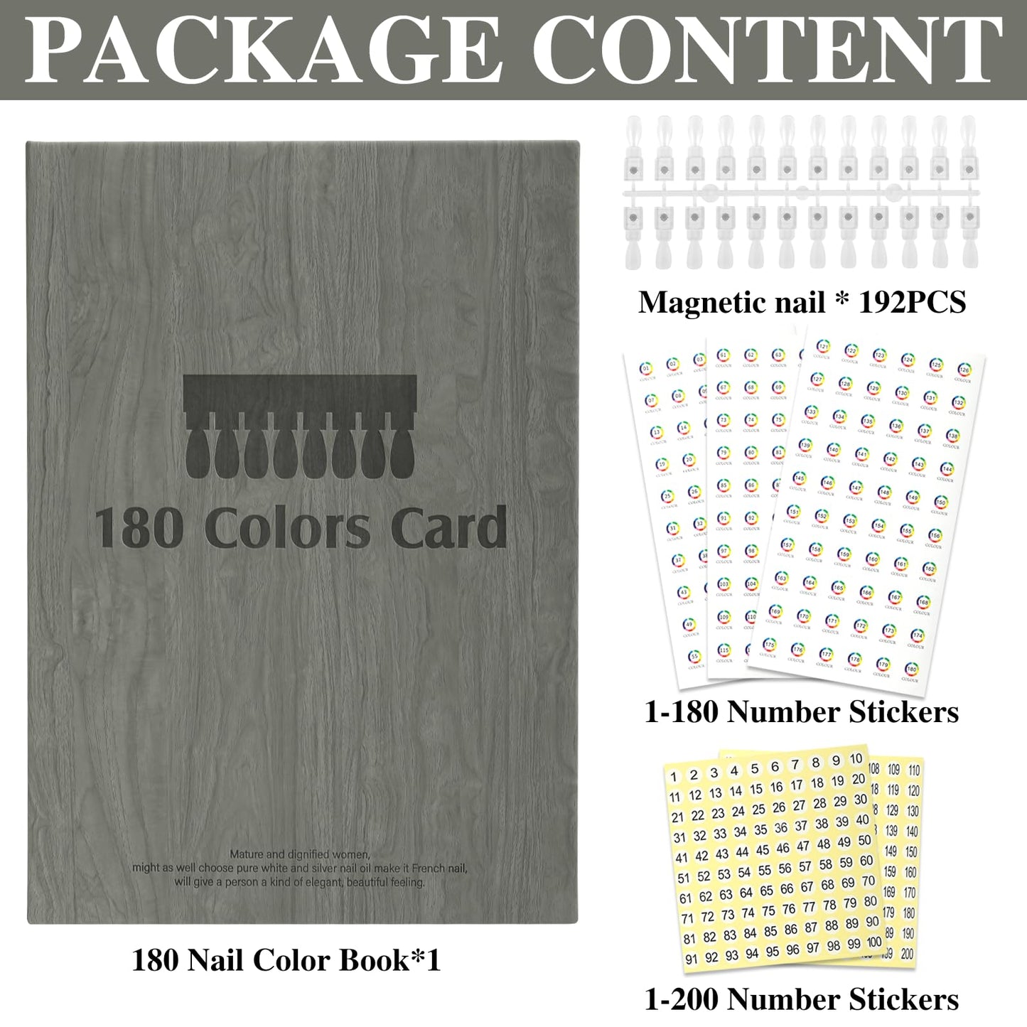 C12rtive 180 Magnetic Nail Swatch Book,Leather Magnetic Color Display Book with 192 Magnetic Tips & 1-180 Number Labels,Perfect for Nail Polish Nails Art Design(Grey)