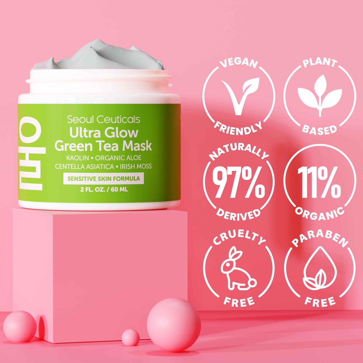 SeoulCeuticals Korean Skin Care Face Mask for Sensitive Skin - Korean Skincare Green Tea Wash Off Masks - K Beauty Face Masks - Aloe Vera Mask + Centella Asiatica Hydrating Facial Spa Mask 2oz