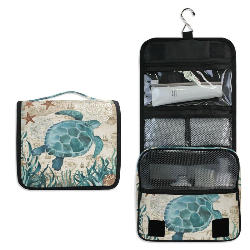 Hanging Travel Toiletry Bag Kit Makeup Case Cosmetics Organizer for Men Women (Sea Lives Turtle Coral)