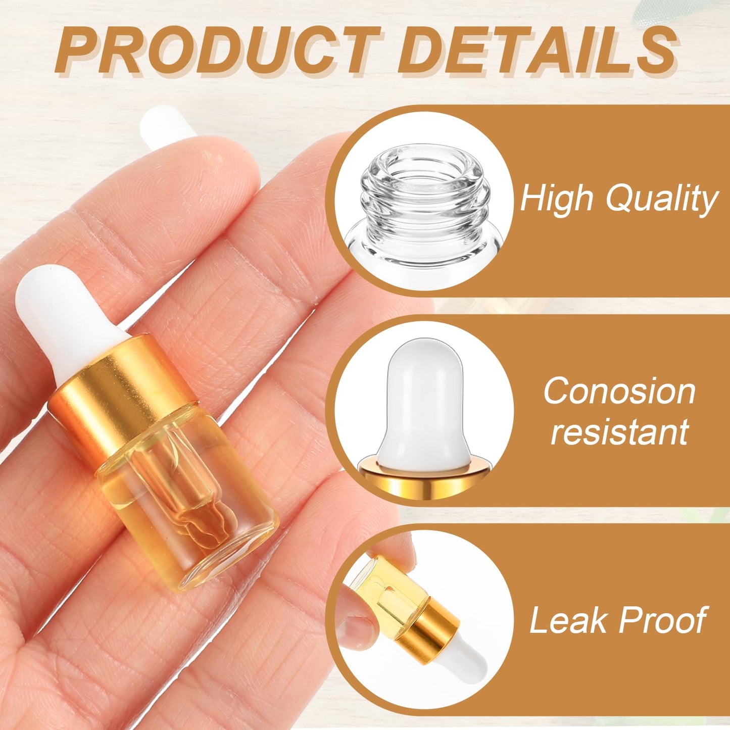 wutfuooo 100 Pcs Mini Glass Oil Dropper Bottle Bulk, 2 ml Gold Clear Essential Small Empty Bottles Sample Containers Perfume Liquid Vials with Cap for Traveling