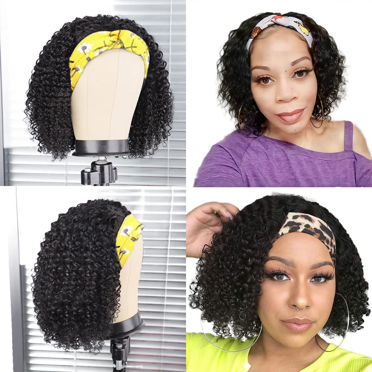 Aiterina Headband Wig Deep Wave 12 Inch Human Hair Headband Wig Curly hair Glueless Human Hair Wigs Machine Made No Lace deep Curly Headband Wigs Natural color