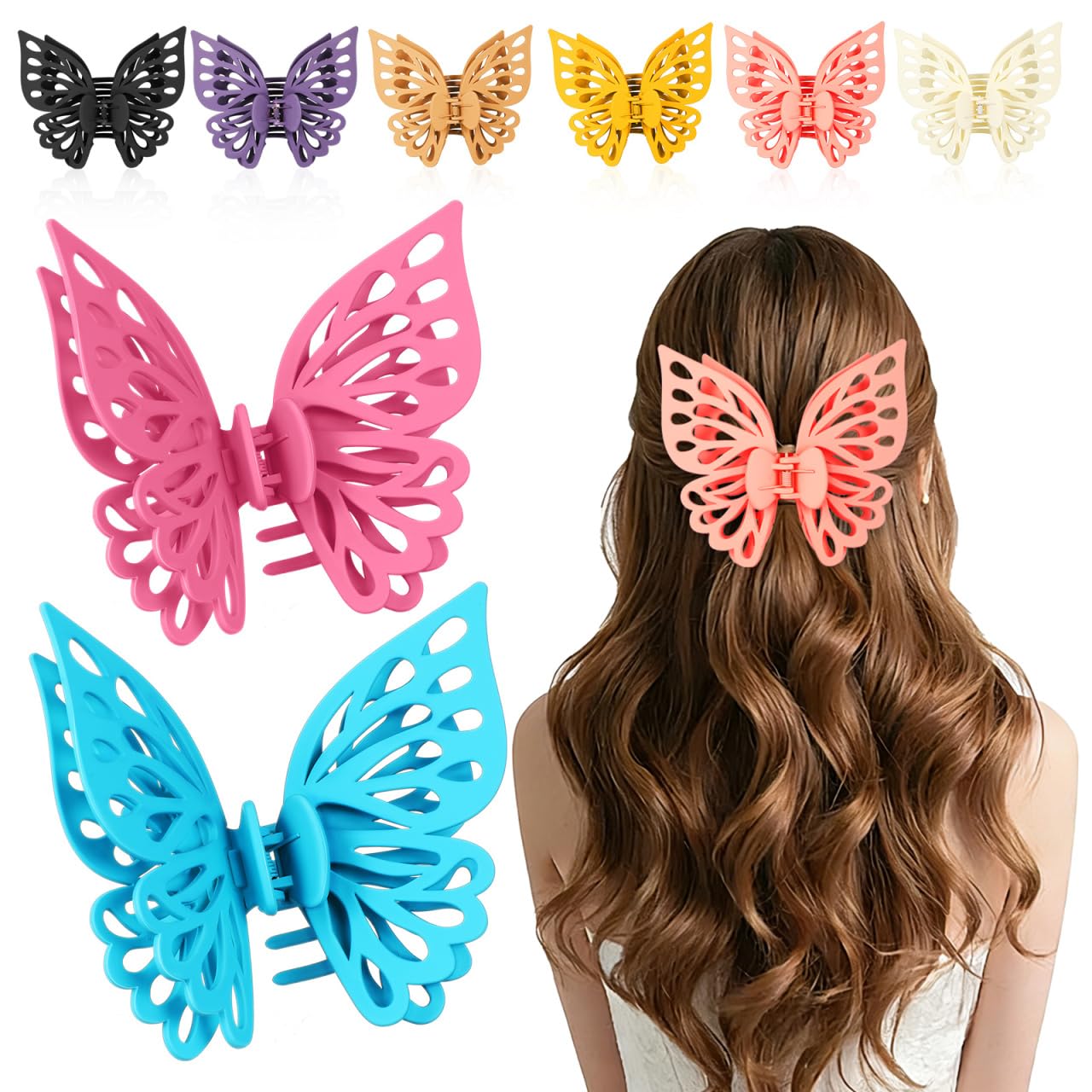 LALADEFIEE Butterfly Hair Clips Set of 8 Large Jaw Clips for Women and Girls Matte Finish Hair Barrettes Strong Hold