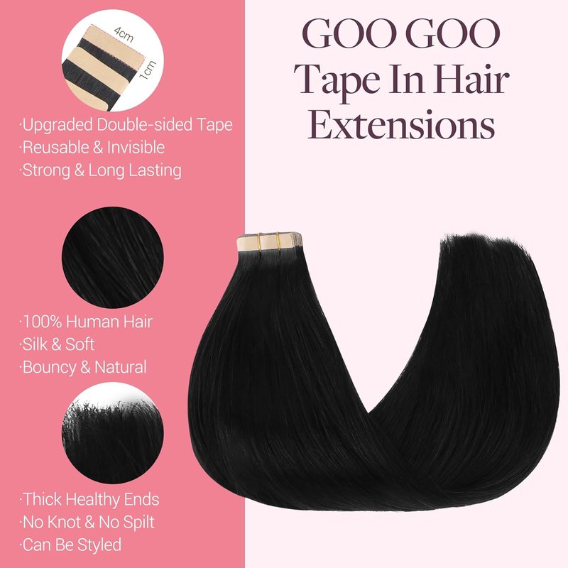 Tape In Hair Extensions - 24 Inch Jet Black Remy Human Hair | Seamless & Silky Straight, 50g, 20pcs