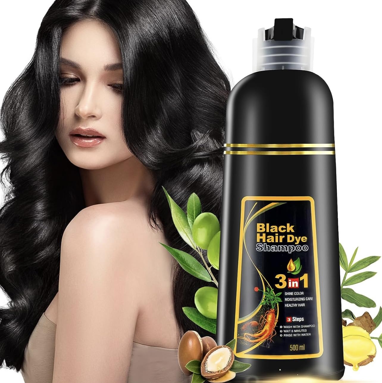 500ML Permanent Black Hair Color Dye Shampoo - Organic Natural Plant Essence for Women & Men, Covers Gray/White Hair, Instant 3-in-1 Hair Colouring Herbal Shampoo, 17 Fl Oz (BLACK)