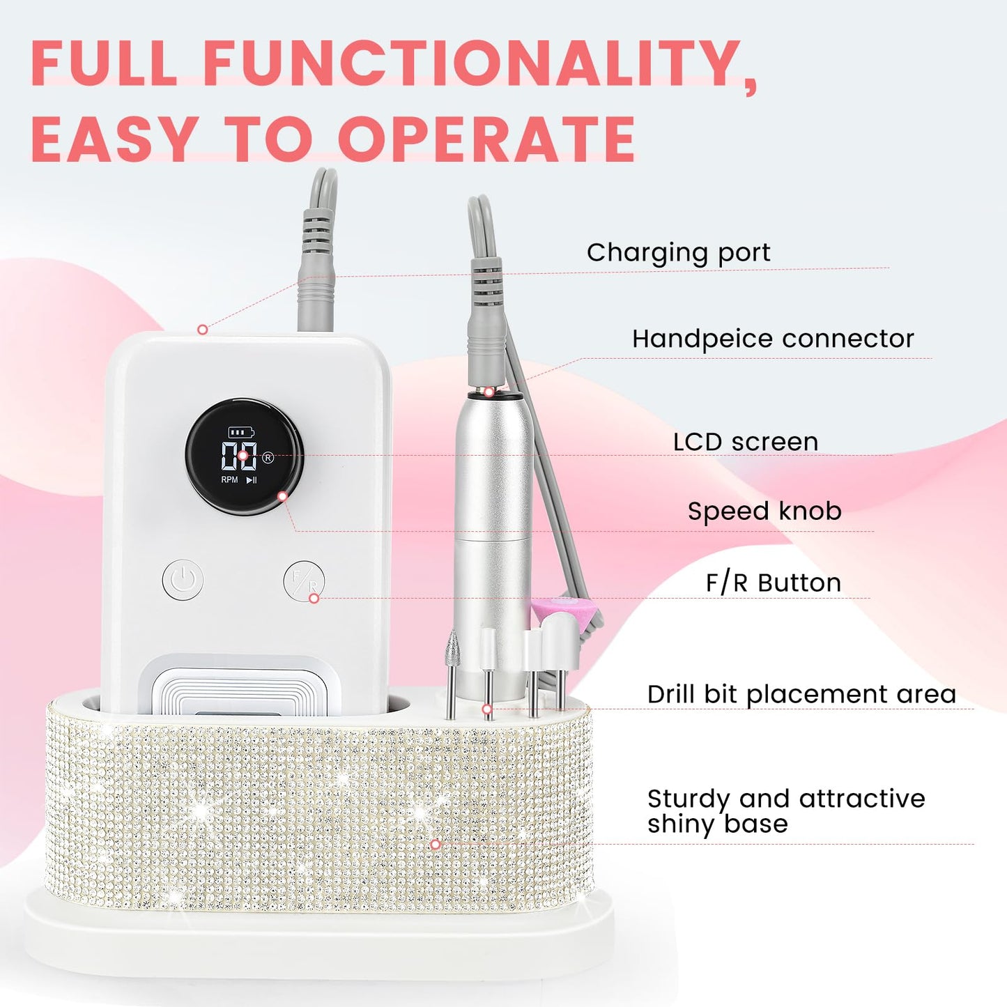Electric Nail Drill Professional, 45,000RPM Electric Nail File with 12 Drill Bits & 50 Sanding Bands,Rechargeable Long Battery Life, Low Noise Cordless Nail Drills Machine,Efile Nail Drill Kit