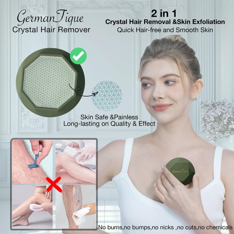 GERMANTIQUE Crystal Hair Eraser,Upgraded Crystal Hair Remover Diamond,Painless and Effective Nano Glass Hair Removal Stone and Skin Exfoliation,Natural Epilator for Women and Men(Olive Green)