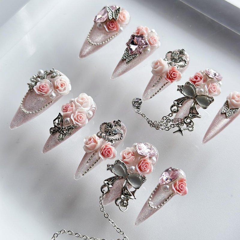Luxury Press on Nails Long Almond Handmade 3D Unique Reusable ABS Material Fake Nails Pink Gothic False with Designs Glitter Bow Rhinestones Charms Glossy Glue on Nails Thick Acrylic Nails(M)