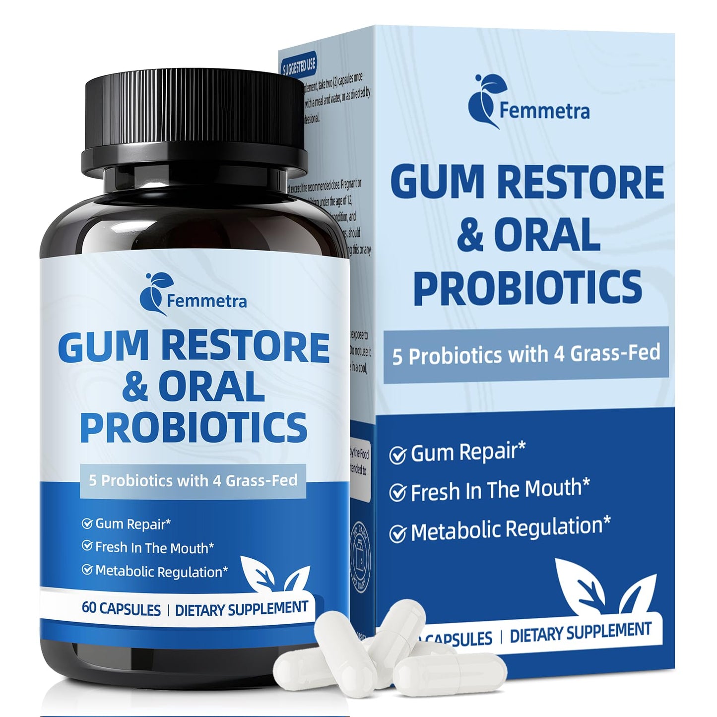 Femmetra Oral Probiotics for Mouth Bad Breath for Adults & Gum Support | Fresh Breath After Coffee with 10 Billion CFU, Grass-Fed Organ Complex | 60 Capsules