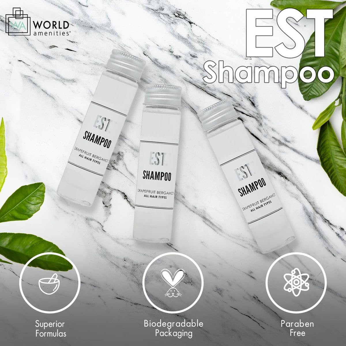 World Amenities EST. Shampoo with Grapefruit-Bergamot Fragrance, Biodegradable/Recyclable Bottle with Screw Top, 1.41oz / 40ml, Pack of 48
