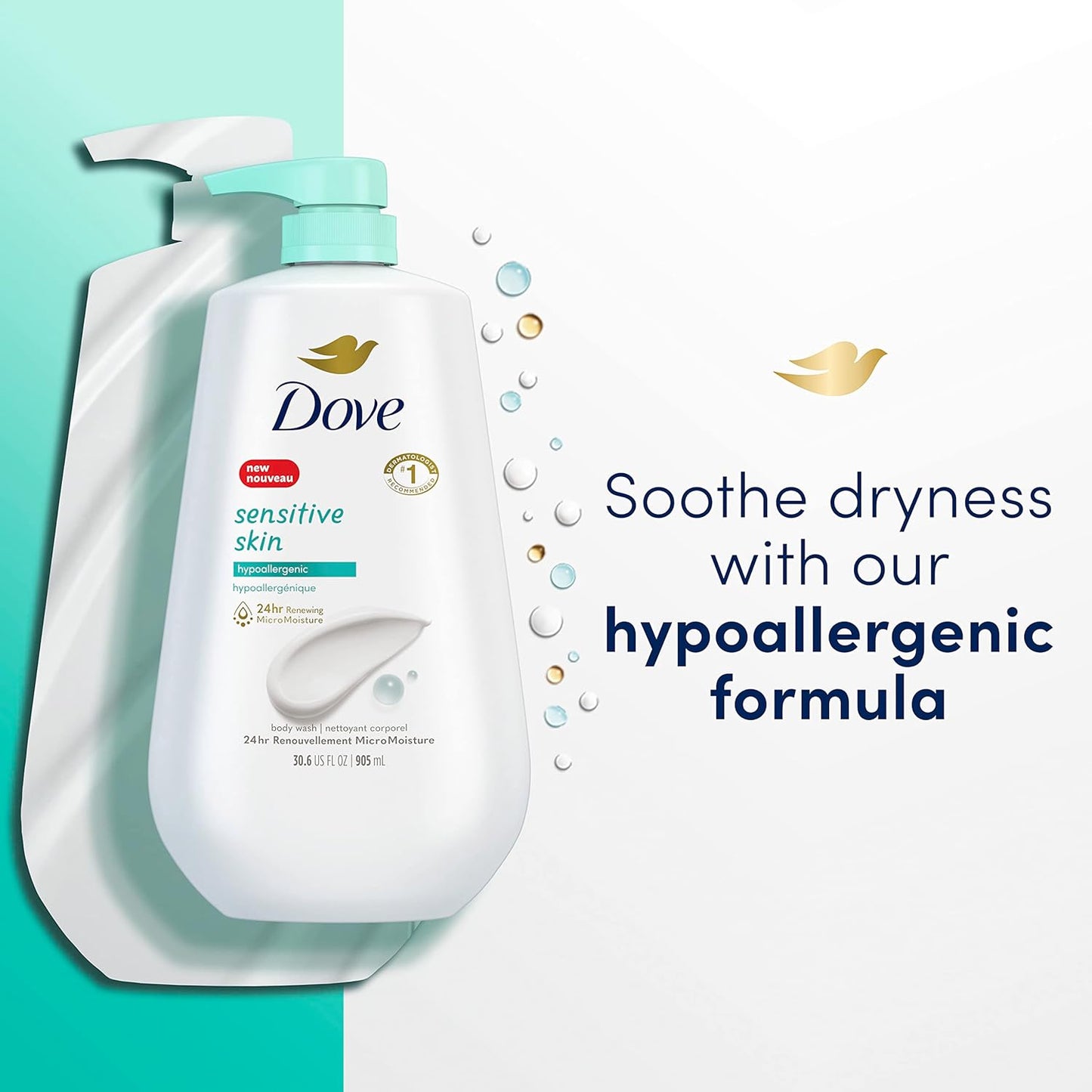 Dove Sensitive Skin Body Wash - Gentle Cleansing Formula | 30.6 Fl Oz (Pack of 3) & Advanced Care Antiperspirant Spray with Pro-Ceramide Technology