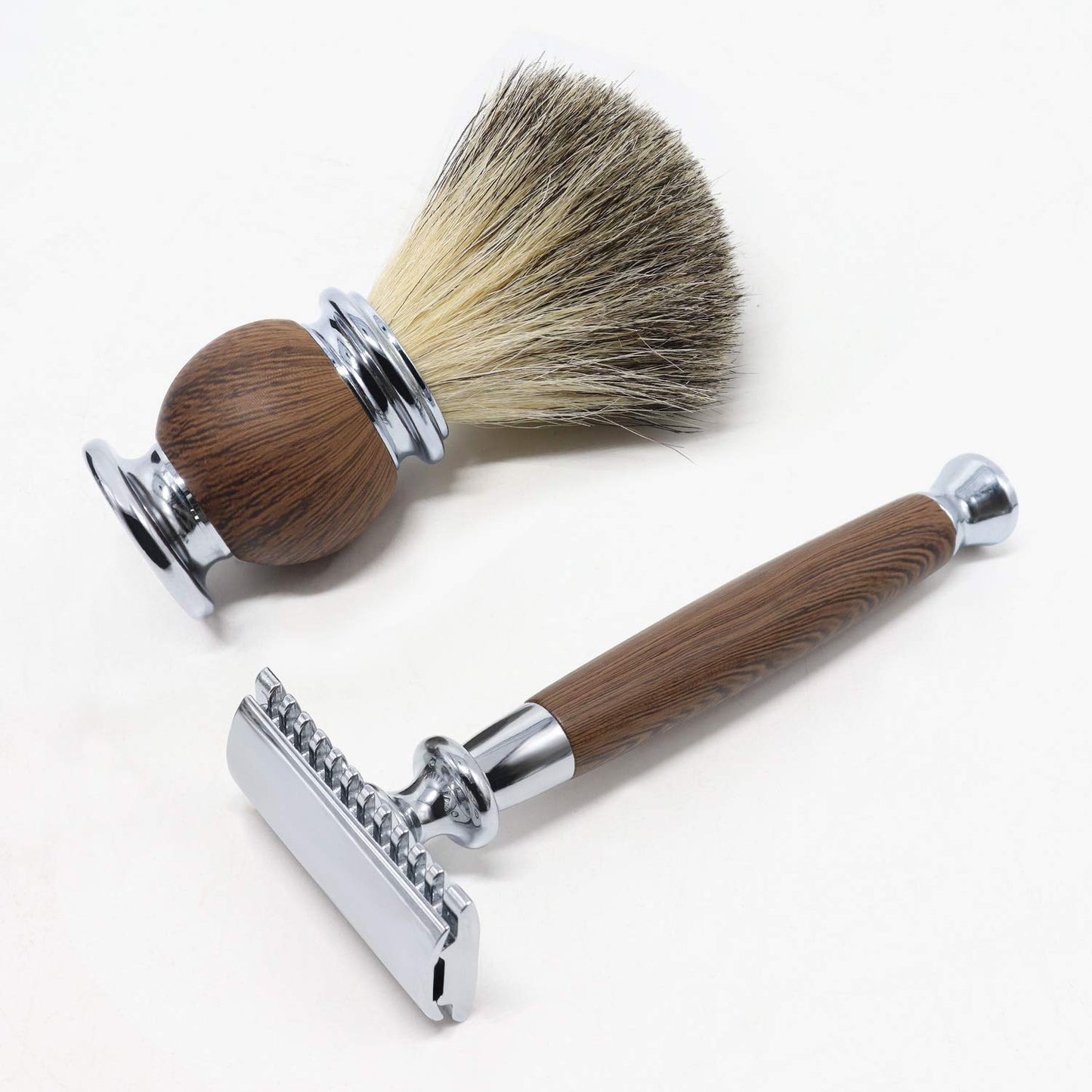 Jolitac Wet Shaving Kit For Men - Badger Hair Shaving Brush, Shaving Stand, Stainless Steel Shaving Bowl Mug, Double Edge Safety Razor, Men's Safety Razor Grooming Gift Set (Wood)