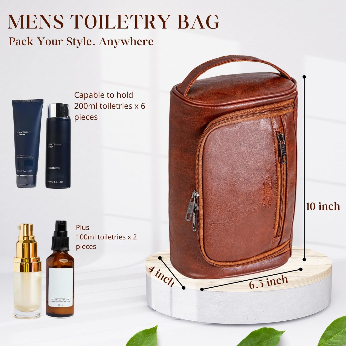 Cumbanho Mens Toiletry Bag,Compact Dopp Kit for Men Travel, PU Leather Shaving Kit, Water-Resistant Minimalist Organizer with Wrist Strap, Travel Toiletry Bag, Gift for Men,Large 10x6.5x4 Mocha Brown