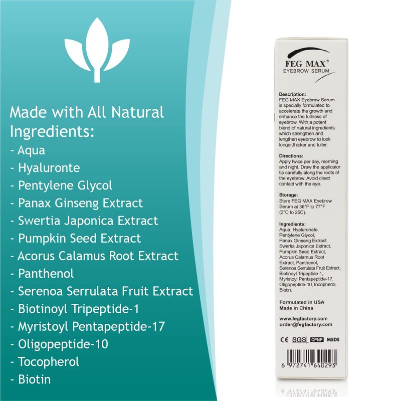 FEG Max Eyebrow Enhancer Growth Treatment Serum | Enhancing to Help Lengthen and Thicken Eyebrows | Non-irritating Brow Serum | 6ml