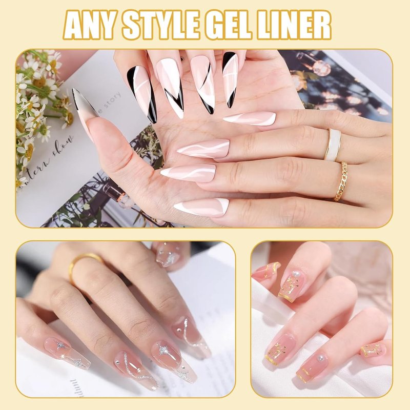 Gel Liner Art Polish Set - 4 Colors Black, White, Gold, Silver | 10ml Bottles for DIY Nail Art & French Tips