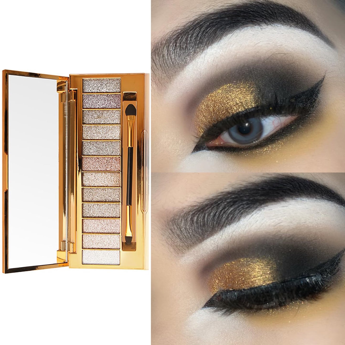 Glitter Eyeshadow Palette 12 Color Sparkle Waterproof Shimmer Make Up Palettes with Brush Mirror Highly Shining Pigmented Eyeshadow Palette for Date Party Dance Makeup (6# Daily Natural Color)