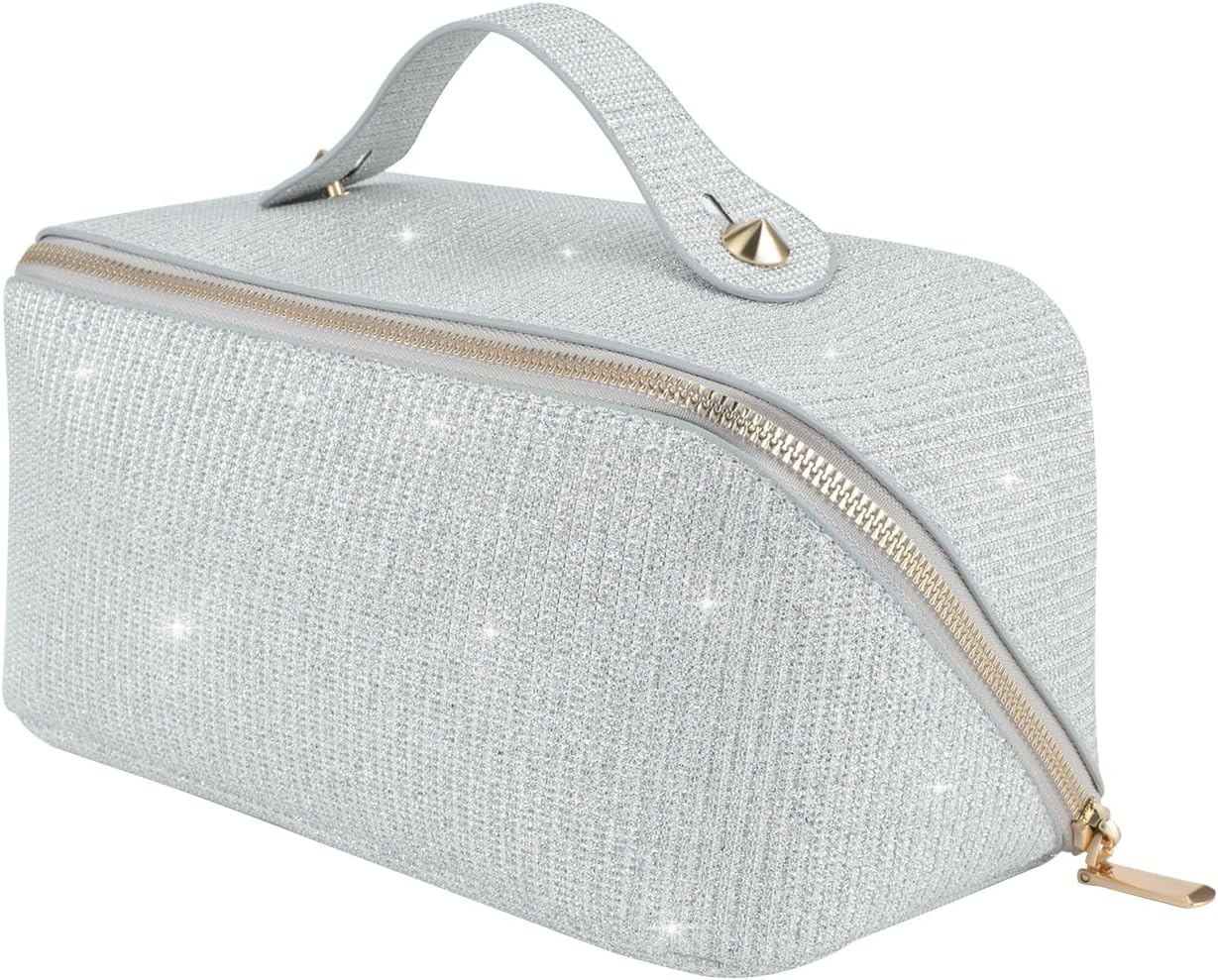 Large Capacity Glitter Sequin Cosmetic Bag - Sparkly Travel Makeup Bag with Handle for Women | Silver
