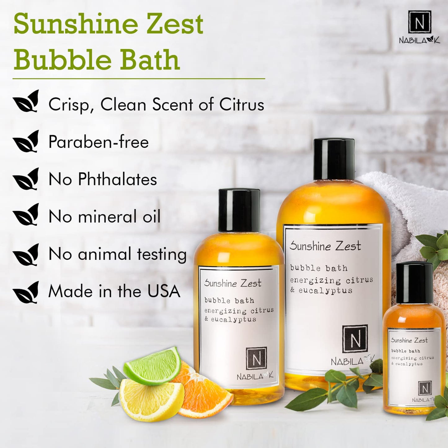 Nabila K Sunshine Zest Bubble Bath with Citrus & Eucalyptus | Natural & Organic, Sulfate-Free, Tear-Free | Luxury Aromatherapy Bath Soak for Sensitive Skin | for Women & Men, 8 oz