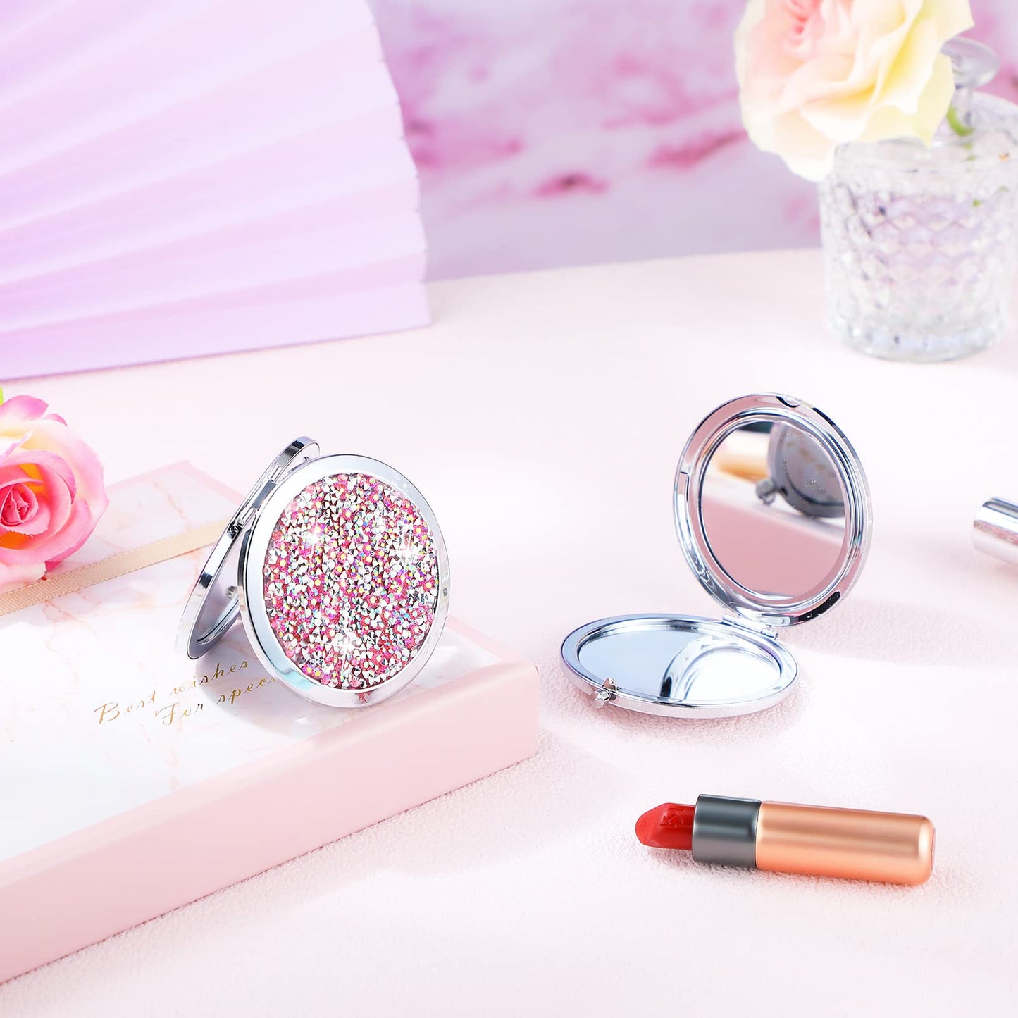 Maitys 16 Pcs Compact Mirror Bulk for Purses Small Cosmetic Folding 2.75 Inch Round Diamond Bling 1X/ 2X Magnifying Pocket Makeup Mirror for Women Wedding Gift, Pink Silver