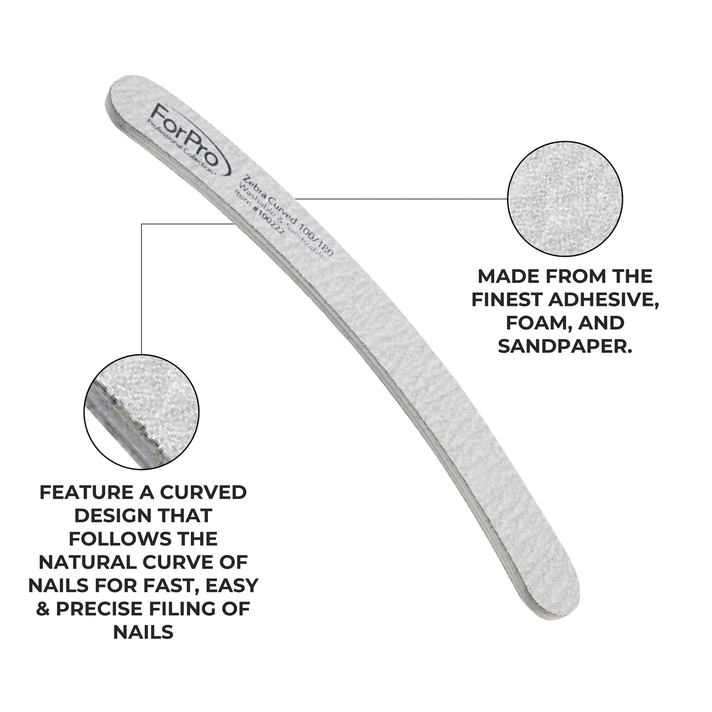 ForPro Professional Collection Zebra Curved Foam Board, 100/180 Grit, Double-Sided Manicure and Pedicure Nail Files, 7” L x .75” W, 50-Count