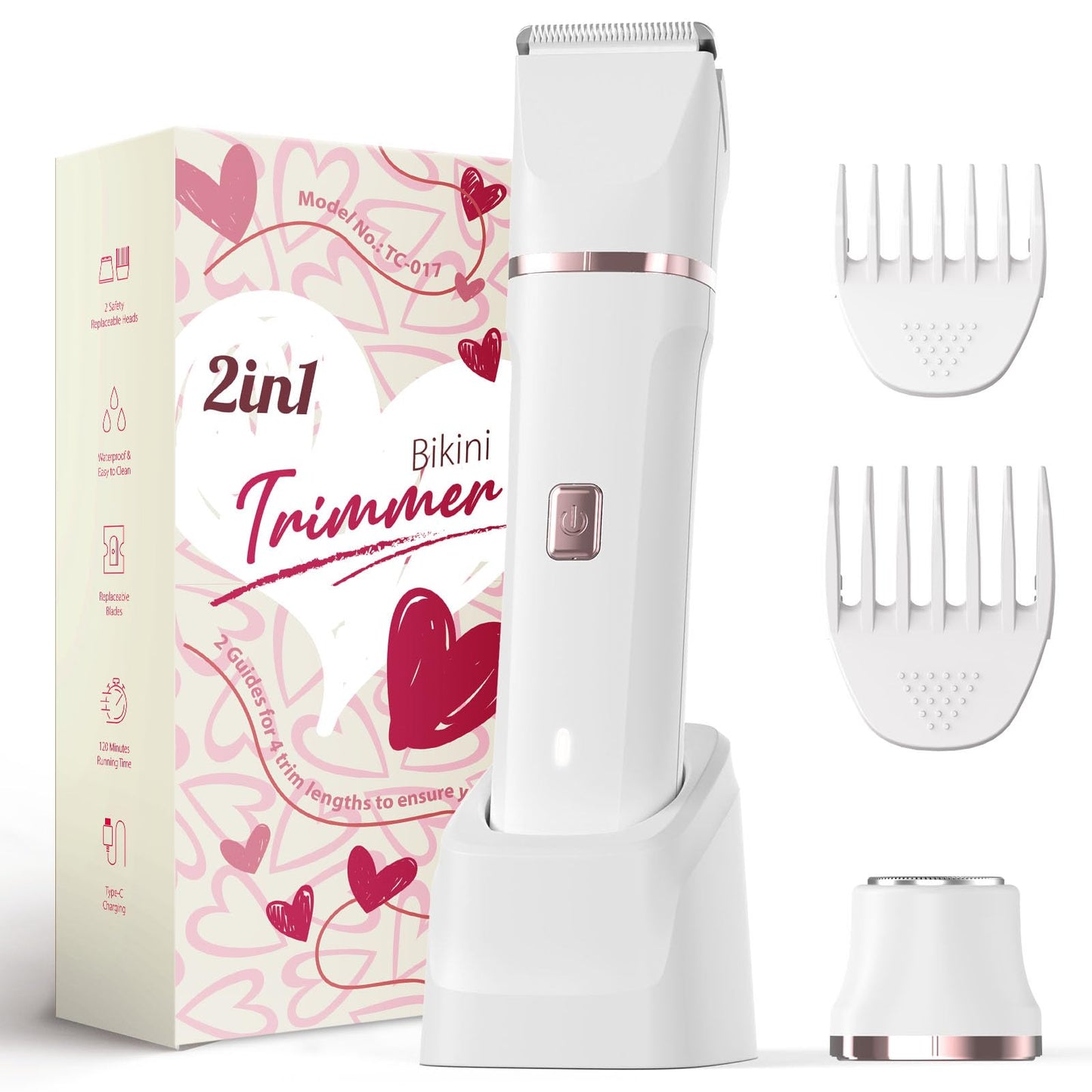 Risina Bikini Trimmer for Women - Electric Razors for Women's Body Groomer, Replaceable Ceramic Blade Heads, Face Hair Remover Head, USB-C&Dock Charging, Waterproof&Easy Cleaning White