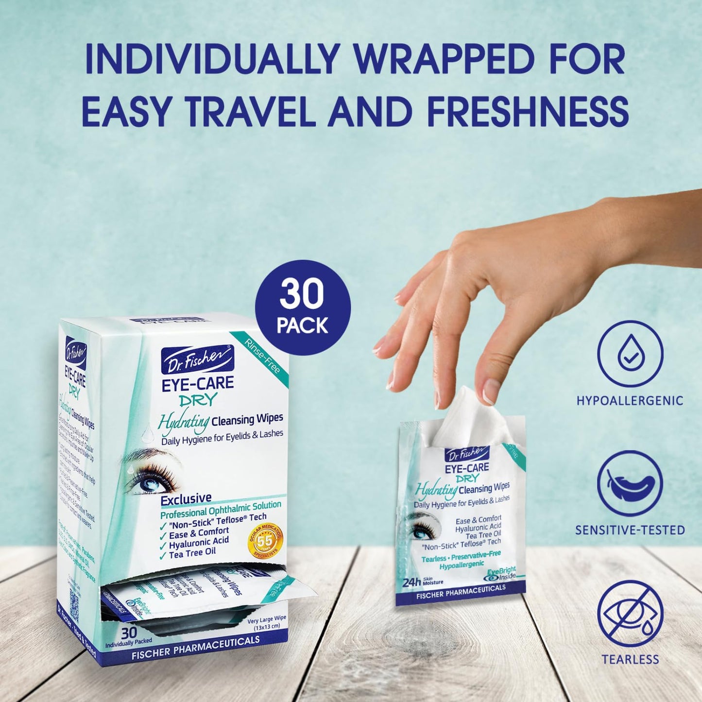DR. FISCHER Eye-Care Dry, Hydrating Cleansing Wipes-Gentle Eye Wipes for Everyday Eye Cleansing and Hypoallergenic Makeup Remover (60 Wipes)