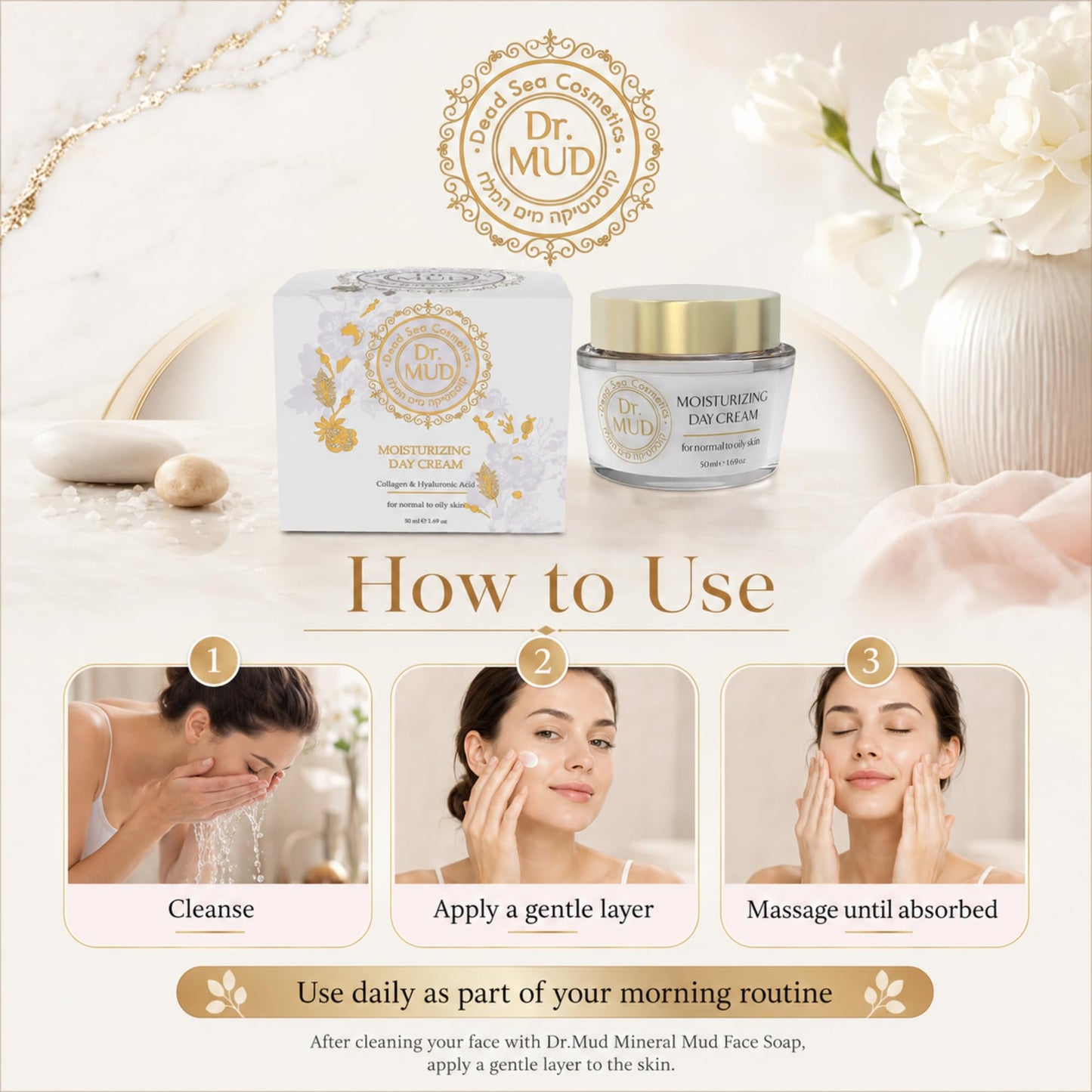 Dr.MUD Premium Moisturizing Day Cream for Normal to Oily Skin, Luxurious Dead Sea Mineral Face Moisturizer with Hyaluronic Acid, Collagen, Vitamin E, Green Tea and Aloe Vera, 50 ml