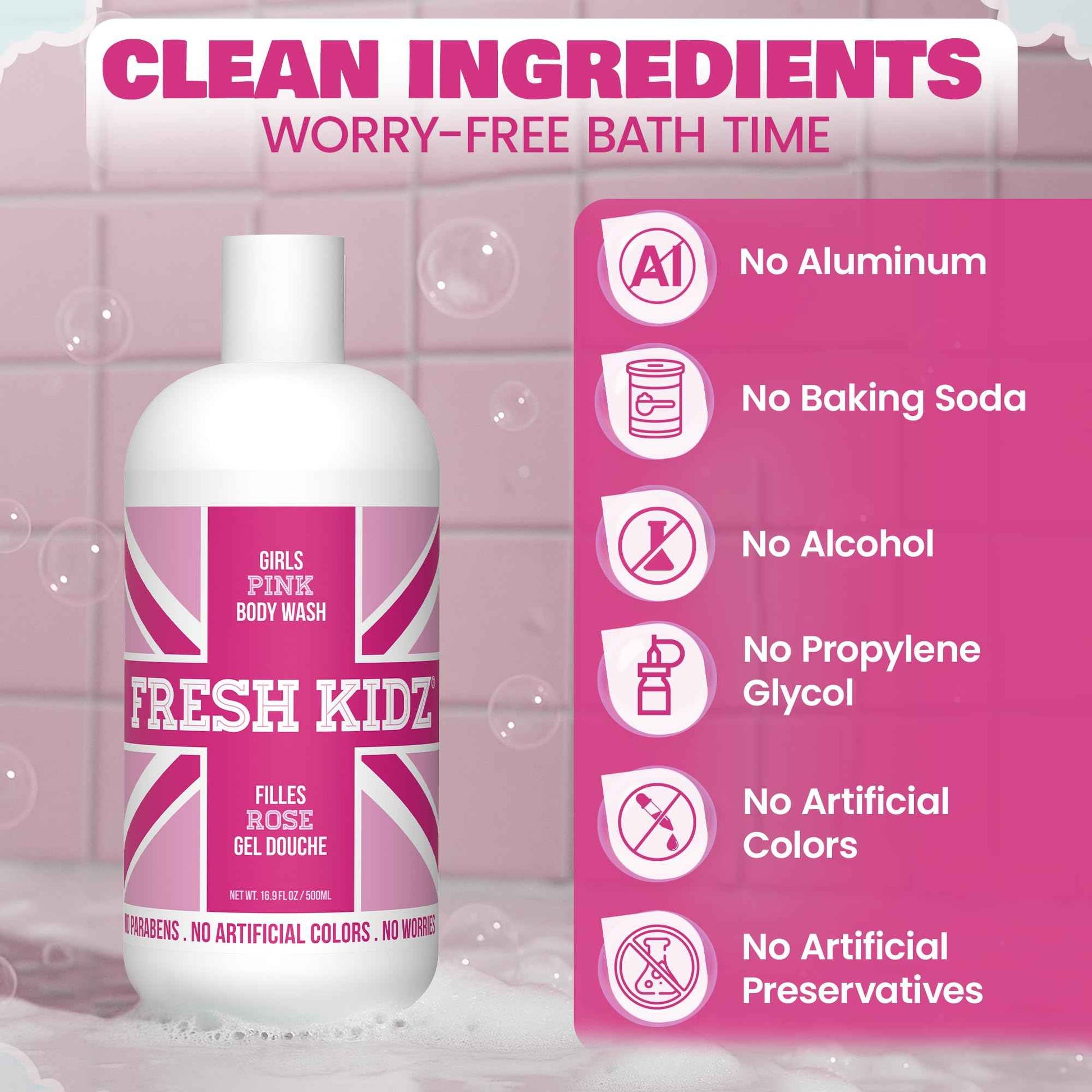 Fresh Kidz Body Wash 16.9 fl.oz. and Stick Deodorant 2.65 oz for Kids and Teens - Girls "Pink" Set