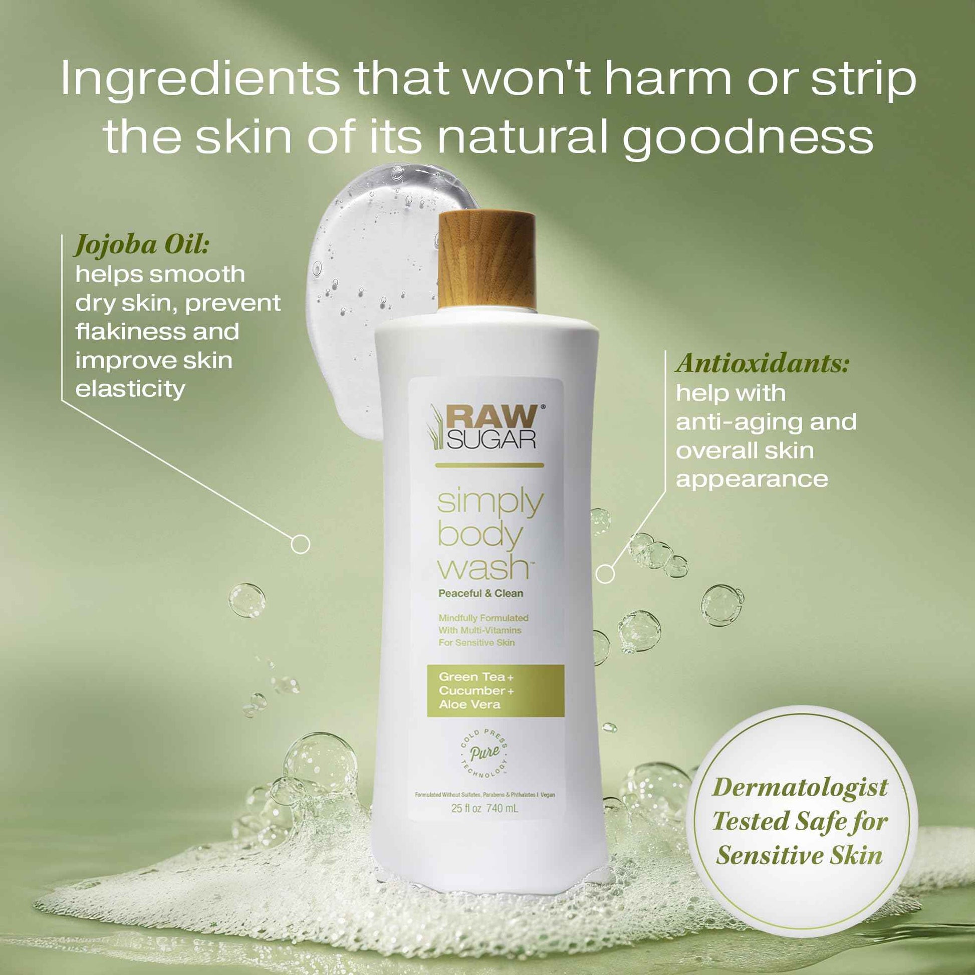 RAW SUGAR Sensitive Skin Simply Body Wash - Green Tea + Cucumber + Aloe Vera, Moisturizing & Brightening Bath & Shower Gel, Sulfate-Free, Paraben-Free & Vegan (Pack of 3)