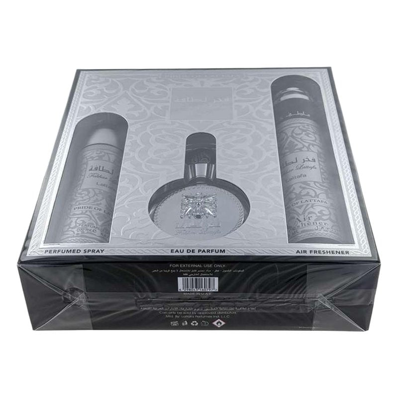 Lattafa Fakhar Collection – Fresh, Woody, Amber, Musky – 3 Piece Gift Set for Men (3.4 Oz Eau de Parfum + 6.67 Oz Deodorant + 10.1 Oz Air Freshener)