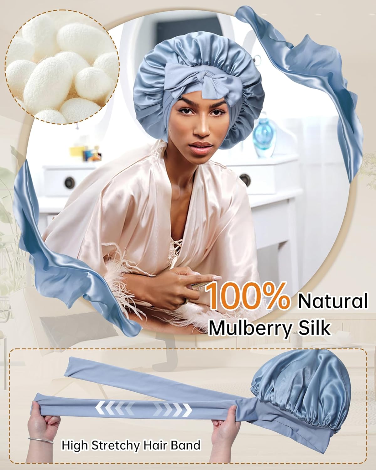 Silk Hair Bonnet for Sleeping - 100% Mulberry Silk with Elastic Tie Band & Scrunchies | Mist Blue & Sky Blue