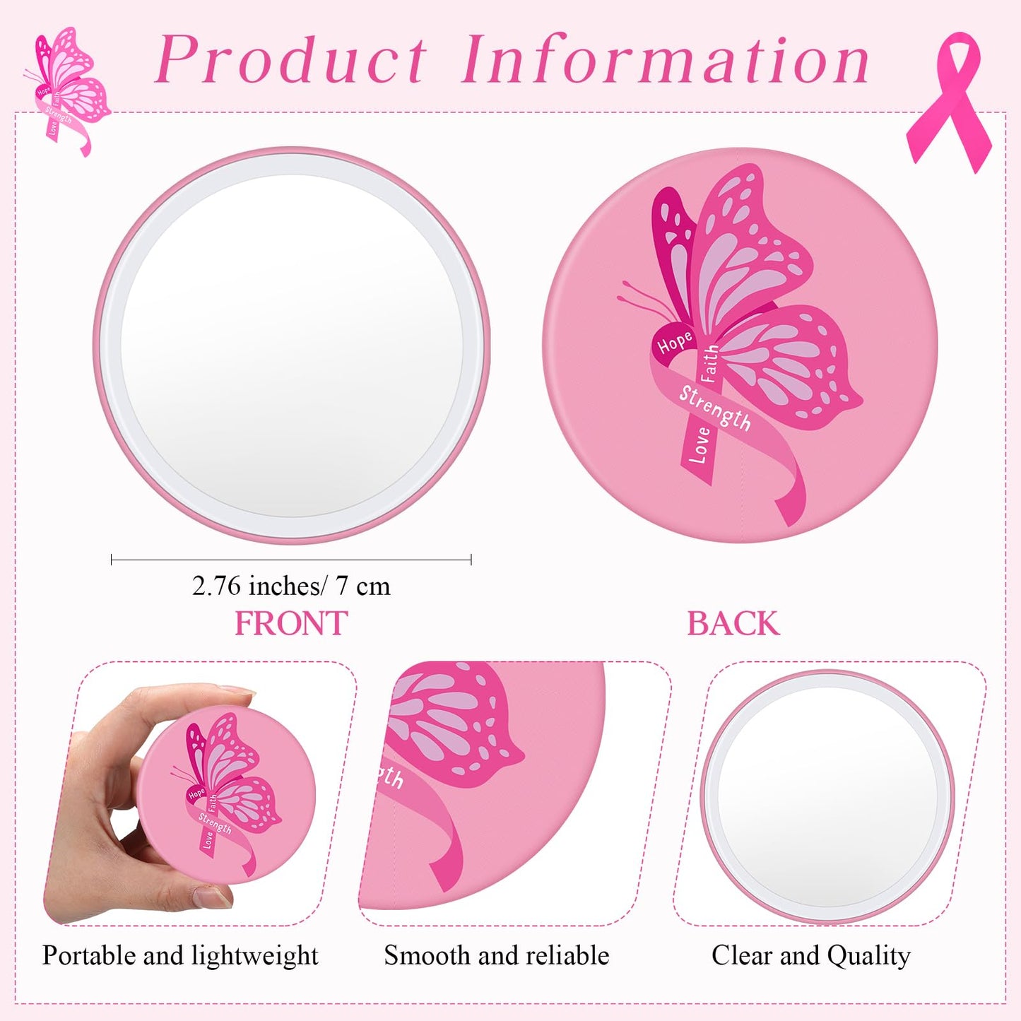Pinkunn 50 Set Women's History Month Gifts Bulk, Pink Compact Pocket Mirrors and Motivational Cards Inspirational Gifts for Women Coworker Friend Nurse Female Pocket Mirror for Purses