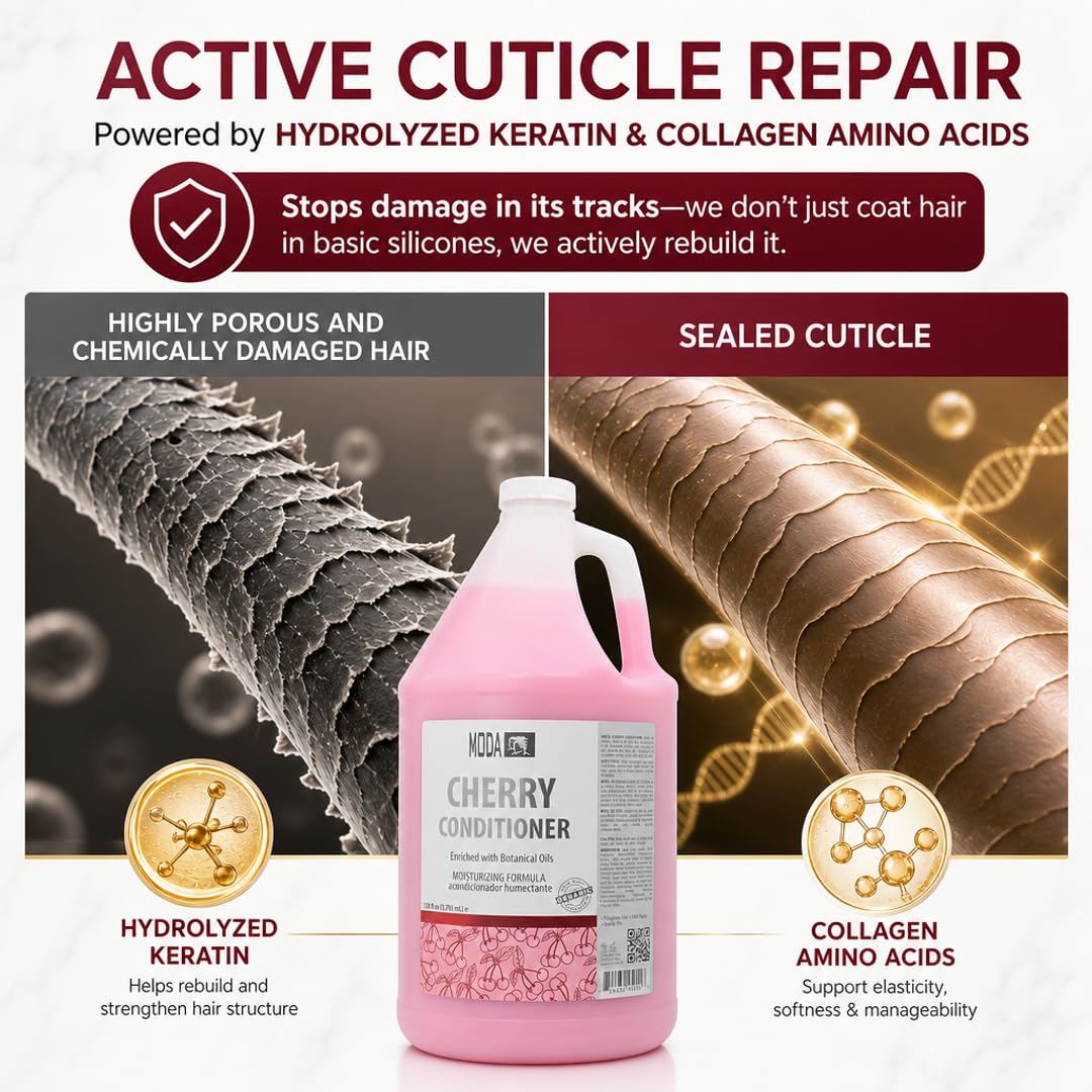 MODA Cherry Bulk Salon Conditioner Premium Back-Bar & Amenity Treatment Salon-Grade Luxury at Commercial Scale A 'set it and forget it' 1-Gallon single-SKU solution Repairs the cuticle 128 Oz