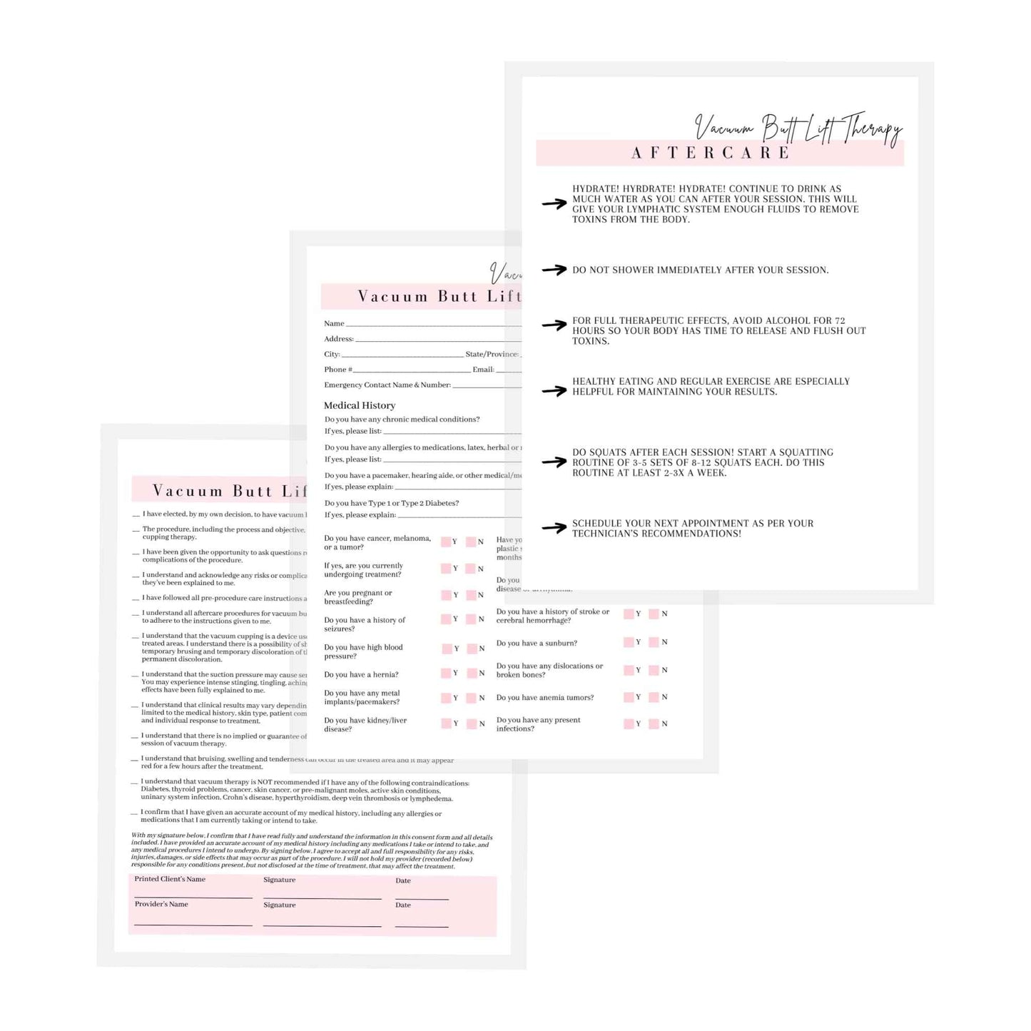 Vacuum Butt Lift Therapy Intake, Consent, and Aftercare Form | 75 Pack | 8.5x11" inch Paper Size Form | Eyelash Extension Supplies | Client Signature | Butt Lift Cupping | White and Pink Design